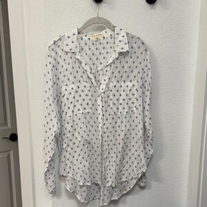 Anthropologie White and Blue Floral Button-Up Blouse